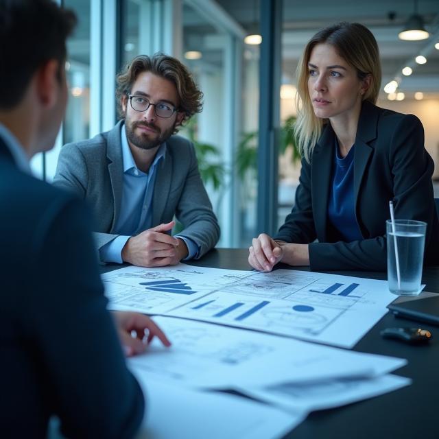 Consultores revisando planos técnicos