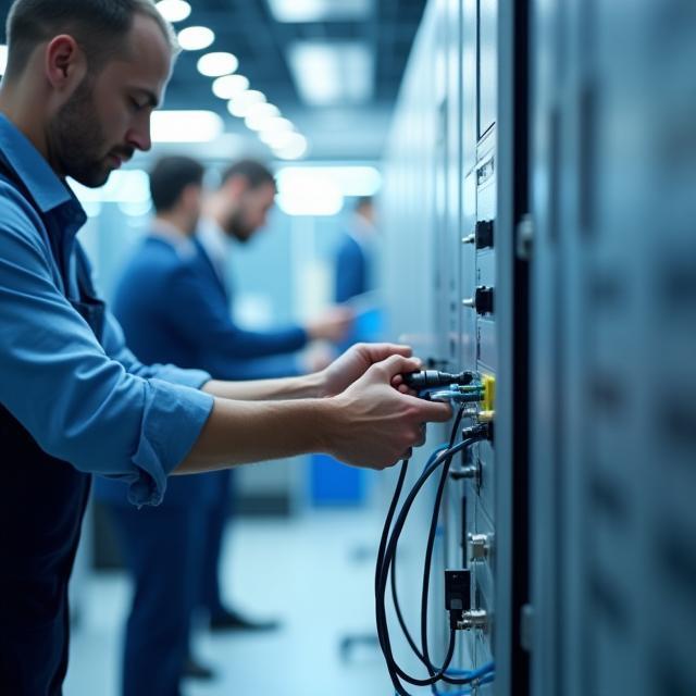 Técnicos instalando sistemas de oficina